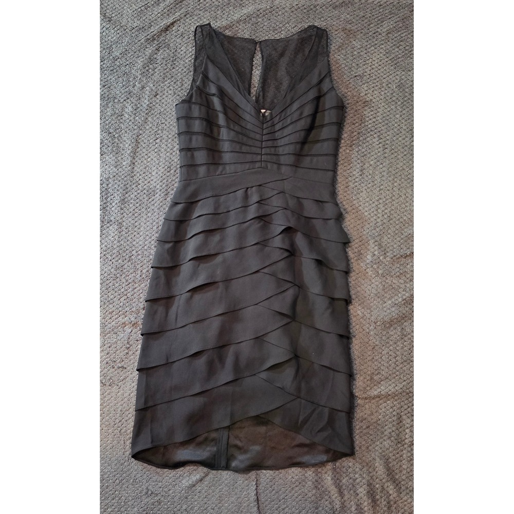 Chetta B Sherrie Bloom Peter Noviello Black 100% Silk Ruffle Tiered Dress Size 2